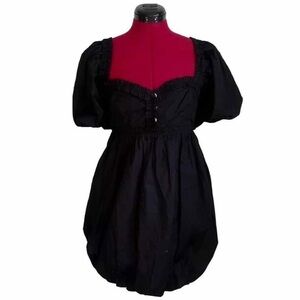 Free People Black Puff Sleeve Mini Dress Babydoll Short Gothic Prairie Cottage